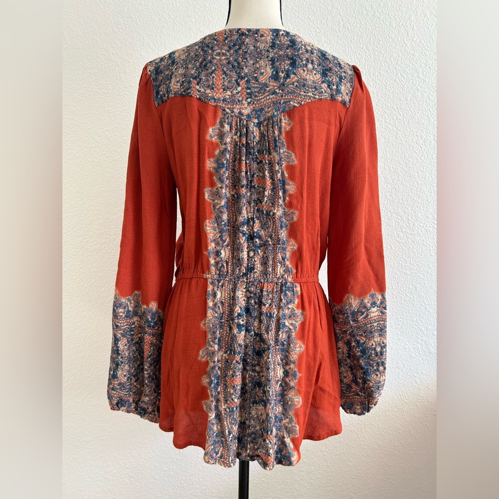FREE PEOPLE SZ M Slubbed Crinkle Wildest Tunic Persimmon FRONT CRISS CROSS TIE - Picture 8 of 12
